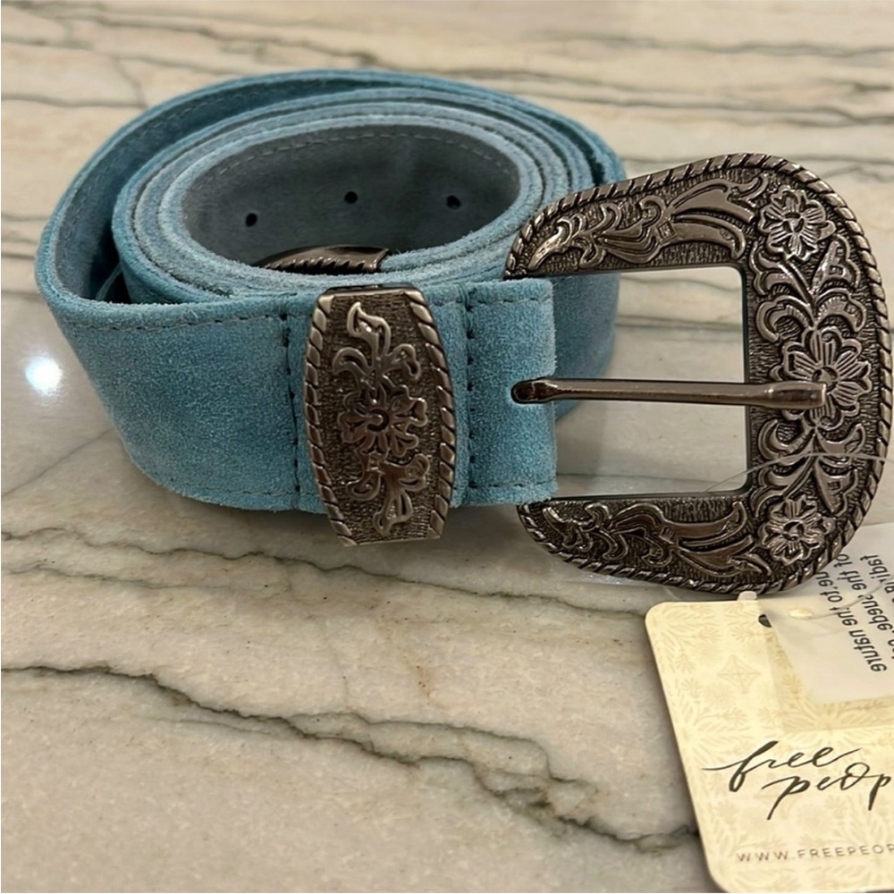 Free People Teal Suede Belt with Western Style Buckle